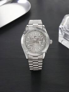 RICECGO 1pc Men's Quartz Watch Distinctive Textured Design For Standout Appeal Premium Stainless Steel Bracelet With Premium Feel Features Date Display Blends Business And Casual Styles With Personalized Infuses Outfits, Cool Energy - Silver - View 10