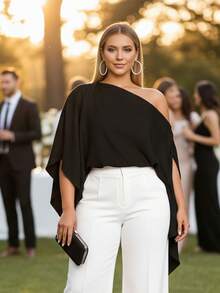 Women's Plus Size Flowy Tops Fashionable Solid Color Batwing Sleeve Off One Shoulder Loose Fit Blouse For Casual Daily Wear - màu đen - Xem 4