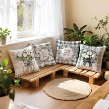 4pcs Simple Plaid & Floral Print Pillow Covers [Single-Sided Print], 17.7*17.7in(45*45cm)/19.69*19.69in(50*50cm)/15.75*15.75in(40*40cm), Spring Black & White Plaid White Floral Cushion Covers For Home, Sofa, Bedroom, Car Decor [Pillow Insert Not Included], Suitable For Daily Use, Home Decoration, Minimalist Style - Multicolor - View 9