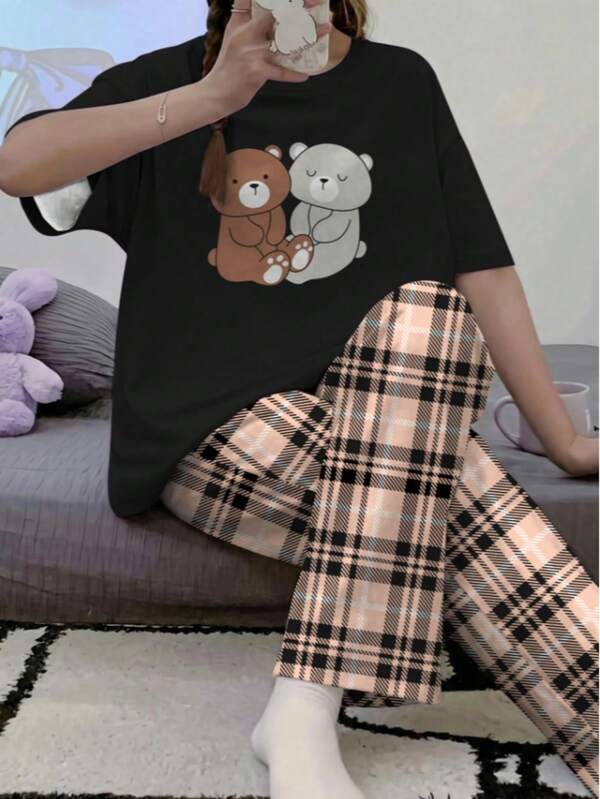 Conjunto de top de manga corta y pantalones de verano para adolescentes, conjunto de ropa con estampado de conejo de dibujos animados y cuello redondo