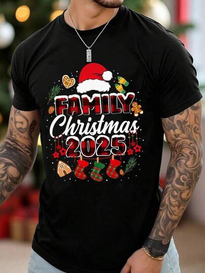 Graphic Tees Merry Christmas Men's Fashion Cartoon Cute Kawaii Christmas Atmosphere Santa Hat Decor Funny Slogan Creative Graphic Print Basic Short Sleeve T-Shirt, Suitable For Christmas Party, Going Out Tops, Happy New Year Suitable For Outdoor Casual Wear In Summer