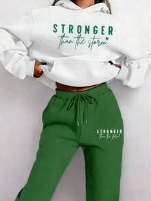 [Casual Two-Piece Set] Women's Casual Two-Piece Set Sweatshirt & Joggers | Long Sleeve Pullover With Pockets, Brown, Spring/Fall Fashion, Relaxed Fit Joggers, Letter Print Top, Casual Wear, Comfortable Basic Daily Outfit, Local Warehouse Discount - Green - View 2