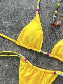 Sexy Yellow Beaded Bikini Set | Must-Have For Valentine's Day Date | Alluring Camisole Top + Playful Swim Bottoms, Decorated With Colorful Accents | Perfect For Beach Vacation And Pool Party - Yellow - View 6