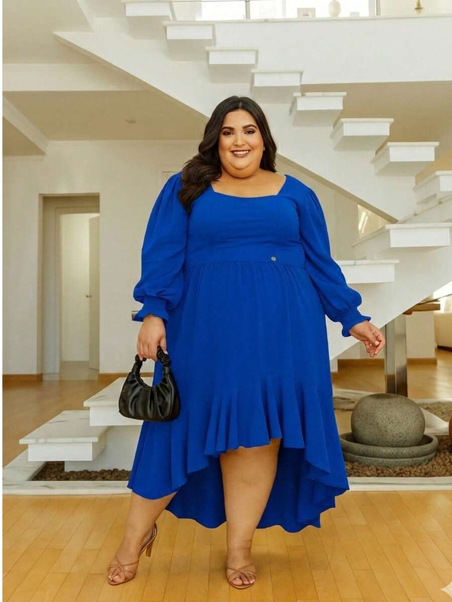 Mullet Max Midi Dress With Ruffles Long Sleeve Boho Style Autumn Winter Evangelical Fashion Plus Size GG - G1 - G2 REF: Angela - 寶藍色 - 查看 1