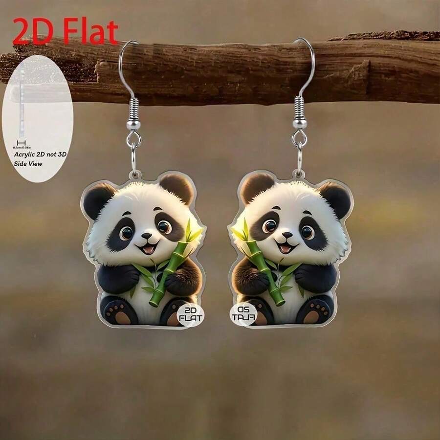 2D Flat Panda Holding Bamboo Eating Bamboo Pendant Earrings, Fashionable Jewelry, Party Gifts, Holiday Gifts For Family And Friends - Multicolor - View 1