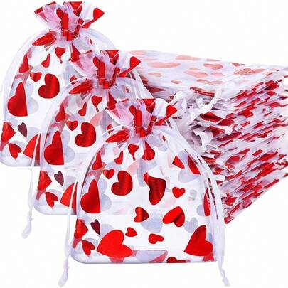 50Pcs Valentine Love Candy Bags Heart Wedding Jewelry Packaging Pouch Drawstring Bags Valentine's Day Wedding Festival Party Supply