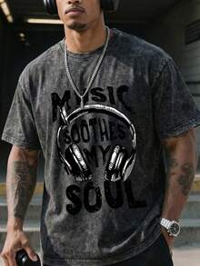 男士休闲宽松英文印花水洗圆领短袖T恤 - 深灰色 - 查看 1