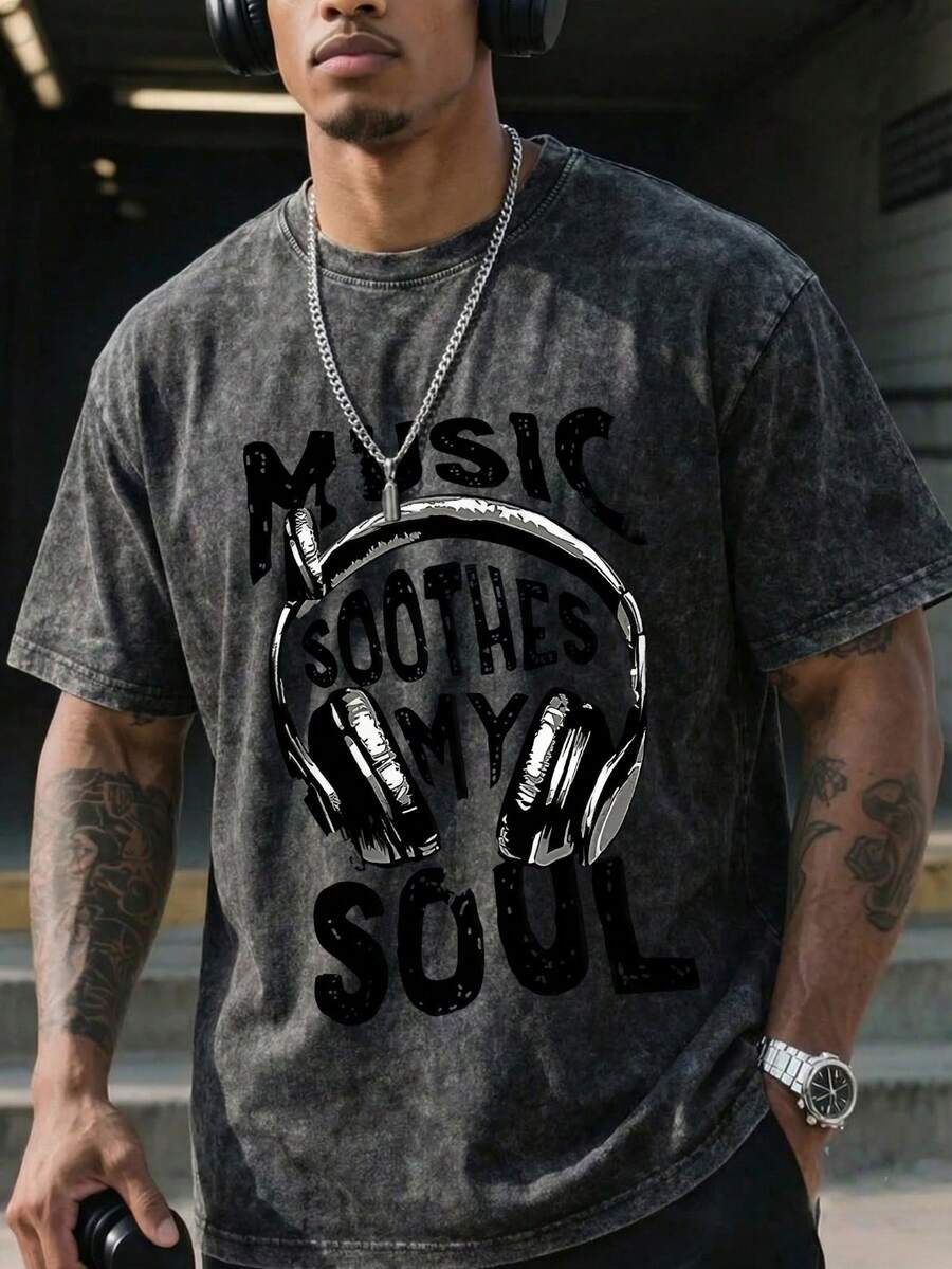 男士休闲宽松英文印花水洗圆领短袖T恤 - 深灰色 - 查看 1