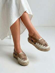 Soraia 女鞋，波西米亞風平底厚底帆布涼鞋，無後跟帆布涼鞋，交叉綁帶設計，編織黃麻鞋底，適合夏季和海灘穿著，盡顯波西米亞風情。 - 卡其色 - 查看 2