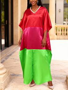 Elegant Women Long Loose Dresses Evening V Neck Batwing Sleeve African Fashion Shiny Party Bubu Dress - Red - View 4