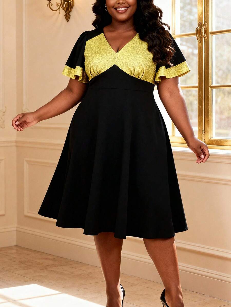 Plus Size Women's Black & Yellow Contrast A-Line Dress, V-Neck Flare Sleeve, Elegant Cocktail Party Dress - Black - View 1
