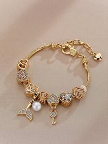 1Pc Fishtail Retractable Stainless Steel Bracelet Featuring A Key, A Lock Charm, And A Stylish Heart-Shaped, Making It The Perfect Gift For Valentine'S Day - Multicolor - View 5