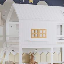 Våningssäng för barn med charmiga fönster och tak, en stadig ribbotten och stege, plus två stora lådor. Furu + MDF + plywood, vit + naturfärgad, 90 x 200 cm - Vitt - Visa 4