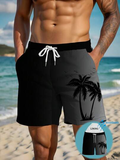 Men's Quick Dry 3D Coconut Print Hawaiian Beach Shorts With Drawstring And Mesh Lining, Suitable For Swimming And Vacation