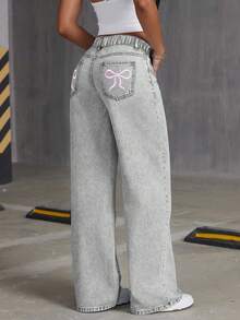 Jeans de mezclilla desgastados y oversize con bordado de mariposa para niñas preadolescentes, pantalones rectos de pierna ancha y de ajuste holgado - Gris - Ver 3