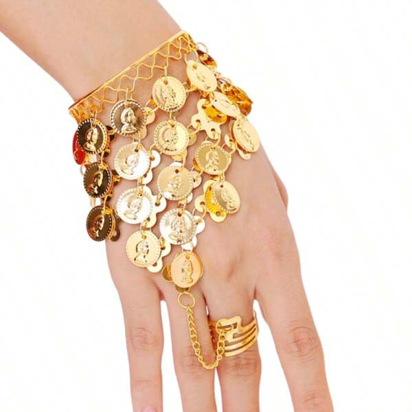 Damen Goldarmband, Bauchtanz Armband mit Ring, Boho-Stil Festival Accessoire, Fingerarmband, geeignet für Musikfestivals, Rave Partys