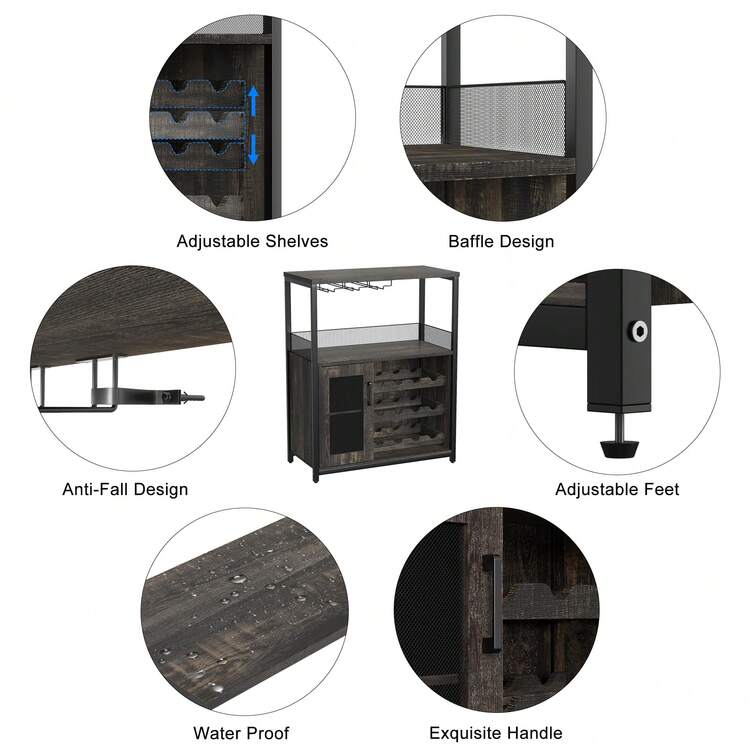 Mueble Bar de Vino 3 Niveles con Estante para Copas y Almacenamiento Multifuncional para Sala y Comedor - Café integral - Añade 4