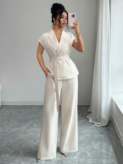 2pcs Women's Elegant Office/Commute/Afternoon Tea/Party Blazer Jacket And Elastic Waist Pants Set, Spring/Summer