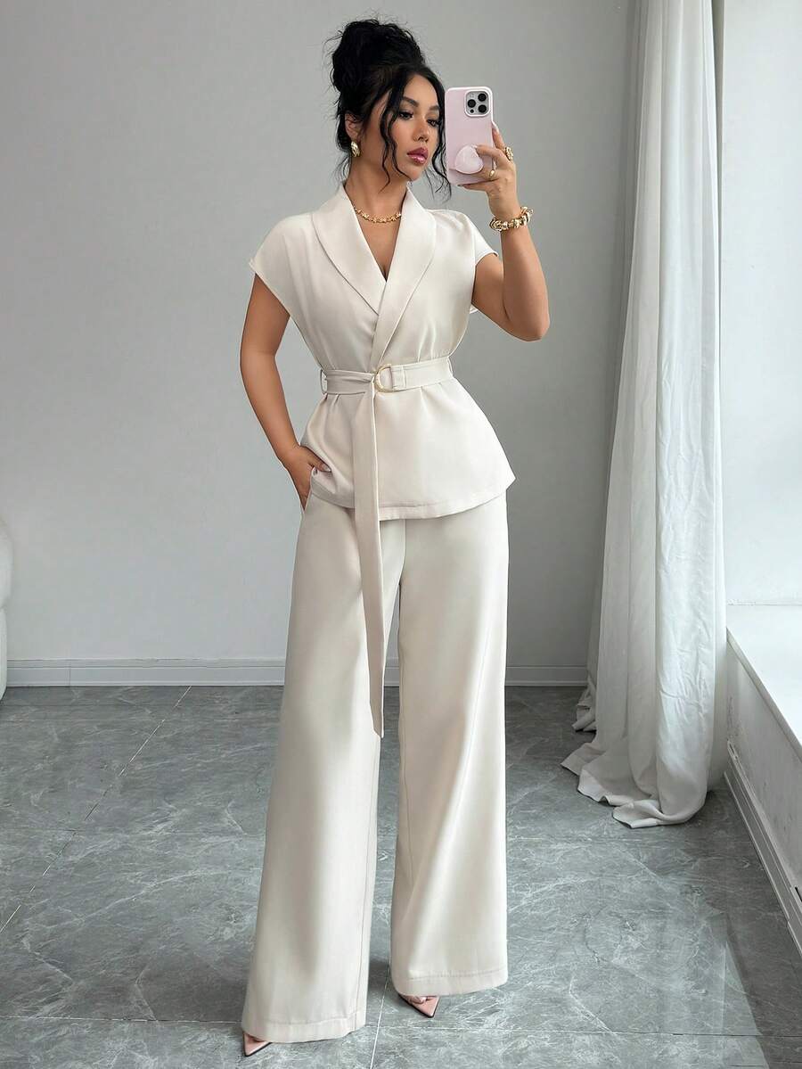 2pcs Women's Elegant Office/Commute/Afternoon Tea/Party Blazer Jacket And Elastic Waist Pants Set, Spring/Summer - Apricot - View 1