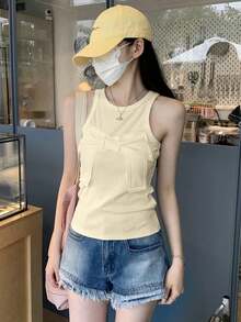 修身蝴蝶结提花青春设计吊带背心休闲 - 杏色 - 查看 3