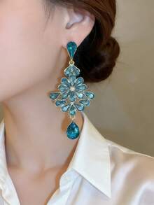 1 par de pendientes colgantes con borlas de lágrima con incrustaciones de rhinestone, diseño de moda para fiestas y eventos - Azul - Ver 4