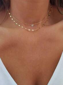 Tkool 2pcs Fashionable Clover Pendant Necklace With Micro-Inlaid Zirconia, Double-Layer Collarbones Chain - Yellow Gold - View 1