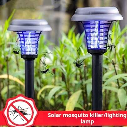 1个太阳能草坪驱蚊LED灯，2种模式 - 白色装饰照明和紫色驱蚊，大/小尺寸，室内/室外圆形驱蚊灯，适用于别墅、草坪、花园、公园小径（太阳能供电）