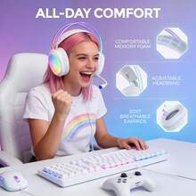 MARVO Over-Ear Gaming Headset - RGB Illuminated Earcups And Headband, Wired USB + 3.5mm Dual Plugs, 50mm Drivers, Dual Headband PU Ear Pads, External Microphone With Blue Light, Omnidirectional Microphone, Earcup Volume Control, Suitable For Gaming/Office/Study. - 白色 - 查看 5