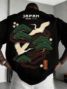 Graphic Tees Women Men's Casual Versatile Simple Japanese Crane Print Short Sleeve T-Shirt Men's Summer Casual 180g Pure Cotton T-Shirt Patterned Printed Short Sleeved Top T-Shirt - Black - View 1