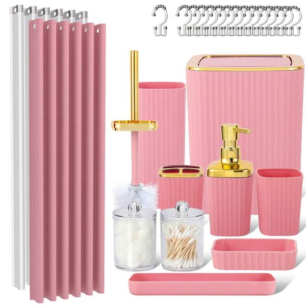 Pink Bathroom Set, 23 PCS Pink Bathroom Accessories Set With Shower Curtains, Trash Can, Toothbrush Holder, Soap Dispensers, Toothbrush Cup, Vanity Tray, Soap Dish, Toilet Brush, Qtip Holders