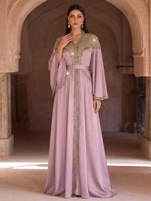 Elegante bata larga formal bordada en verde lima con corsé de cuentas y mangas acampanadas, vestido largo árabe, adecuado para mujeres, bata de fiesta, vestido de noche musulmán, bata formal, estilo modesto - Rosa vieja - Ver 3