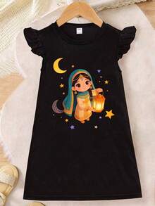 1pc Girls Ruffle Sleeve Dress, Lantern Girl & Moon Graphic Print, Soft & Cozy Fabric-Ideal For Festive Gatherings, Casual Outings, And Spring/Summer Wear. - Black - View 3