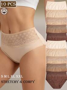 10条装刺绣花卉蕾丝高腰女士内裤 - 彩色 - 查看 4