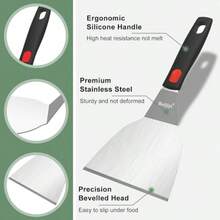 Juego de Espátulas de Acero Inoxidable, Espátulas de Cocina con Mango de Silicona, Resistentes, para Sartén de Hierro Fundido, Panqueques y Pescado - plateado - Ver 3