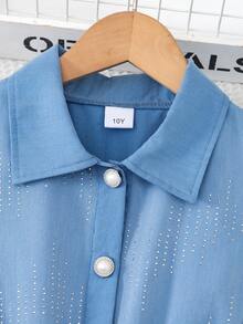 Tween Girl Rhinestone Button Design Sleeveless Casual Jumpsuit - Blue - View 7