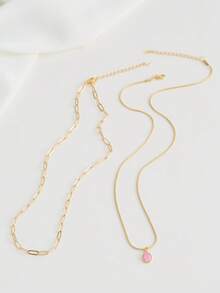 2件套简约休闲女士项链，粉色椭圆形立方氧化锆吊坠格子项链（链扣和珠子数量随机） - 金黃色 - 查看 4