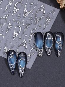 2片银色浮雕5D不对称线条星形图案Y2K风格银色闪光哥特式浮雕美甲贴纸，DIY美甲配件，美甲沙龙用品 - 銀色 - 查看 5