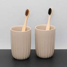 Bathroom Vanity Set, Striped Design Liquid Soap Dispenser, Lotion Dispenser Set, Toothbrush Holder, Freely Combinable, Handmade Ceramic Bathroom Accessories Set, Bathroom Ensemble - Khaki - View 7