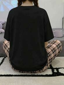 Conjunto de top de manga corta y pantalones de verano para adolescentes, conjunto de ropa con estampado de conejo de dibujos animados y cuello redondo - Negro - Ver 2