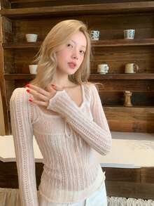 Slim Fit Hollow Out Knit Sweater For Women, Long Sleeve Top - Pink - View 6