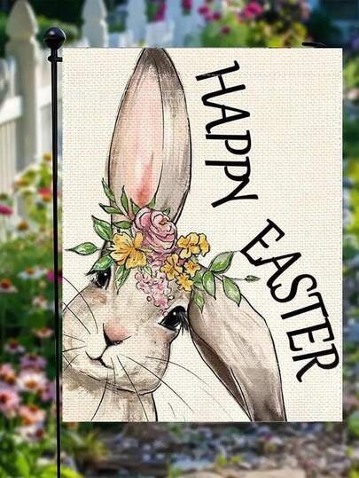 Aquarellstil Oster-Gartenflagge, mit handgezeichnetem Hasen mit Blumenkranz, vertikalem "Frohe Ostern" Text, künstlerisches und festliches Design, geeignet für Außenterrasse, Veranda Dekoration, ansprechend für Nutzer, die einen minimalistischen künstlerischen Stil bevorzugen