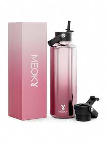 Meoky Bouteille d'eau isolée de 24 oz avec couvercle à double paille, 24 heures de froid, étanche, tasse isotherme en acier inoxydable, mug de voyage, bouteille d'eau de sport en acier inoxydable à double paroi pour l'extérieur, la salle de sport, les voyages et l'école - argent rose - Voir 11