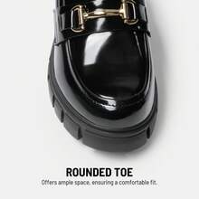 Women Chunky Loafers Round Toe Casual Horse-Bit Mid-Heel Slip-On Loafers, Vintage Elegant British Style, Comfortable Platform Chunky Versatile Pumps Shoes - 黑色 - 查看 4