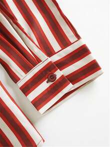 Áo sơ mi dài tay kẻ sọc thường ngày dành cho nữ có cổ và nút cài, dáng ôm vừa vặn cho mùa xuân và mùa thu - Áo thời trang nữ trưởng thành | Áo cánh họa tiết sọc | Áo sơ mi cài nút dễ thương - Đỏ - Xem 9