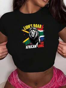 Lion South African Flag Lore Fashionable Women's Short Sleeve T-Shirts - Black - View 6