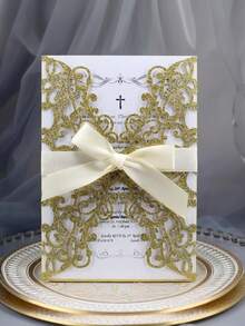 40 piezas/10 sets Invitaciones de boda con forma de rosa hueca dorada con brillo, con sobres y tarjetas de respuesta, adecuadas para bodas, despedidas de soltera, fiestas de compromiso, banquetes, tamaño de invitación 5*7 pulgadas, incluye cinta de satén anudada previamente - Multicolor - Ver 2