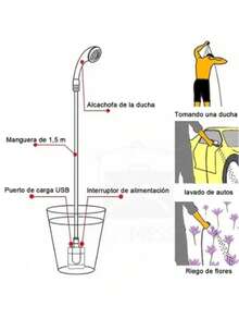 DeTODO Regadera Ducha Portátil Eléctrica Exterior USB Recargable Bomba de Mano con Manguera De 1.5 M Para Senderismo, Caravanas, el Coche o Lavar al Perro - Blanco-1 ud. - Ver 5