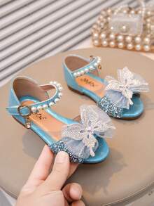 Mädchen Prinzessin Flache Sandalen mit Schleife, Farbige Diamant- und Perlenbesetzung - Blau - Übersicht 3