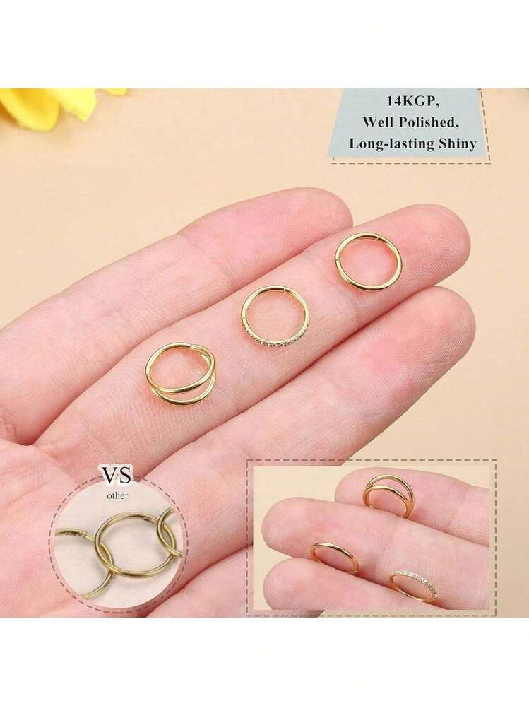 3 piezas de anillos de nariz de acero inoxidable 316L de doble aro de 16G/18G/20G con bisagra y circonita, joyería para perforación de cartílago de la oreja, anillos de septum nasal, anillos de labio, anillos de cartílago de la oreja, anillos de hélix de la oreja, anillos de trago de la oreja, pendientes de 7mm/8mm/10mm - oro - Añade 16