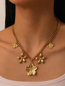 1件装奢华优雅镀金不锈钢五瓣花吊坠项链，配粗链，适合日常佩戴 - 金黃色 - 查看 2